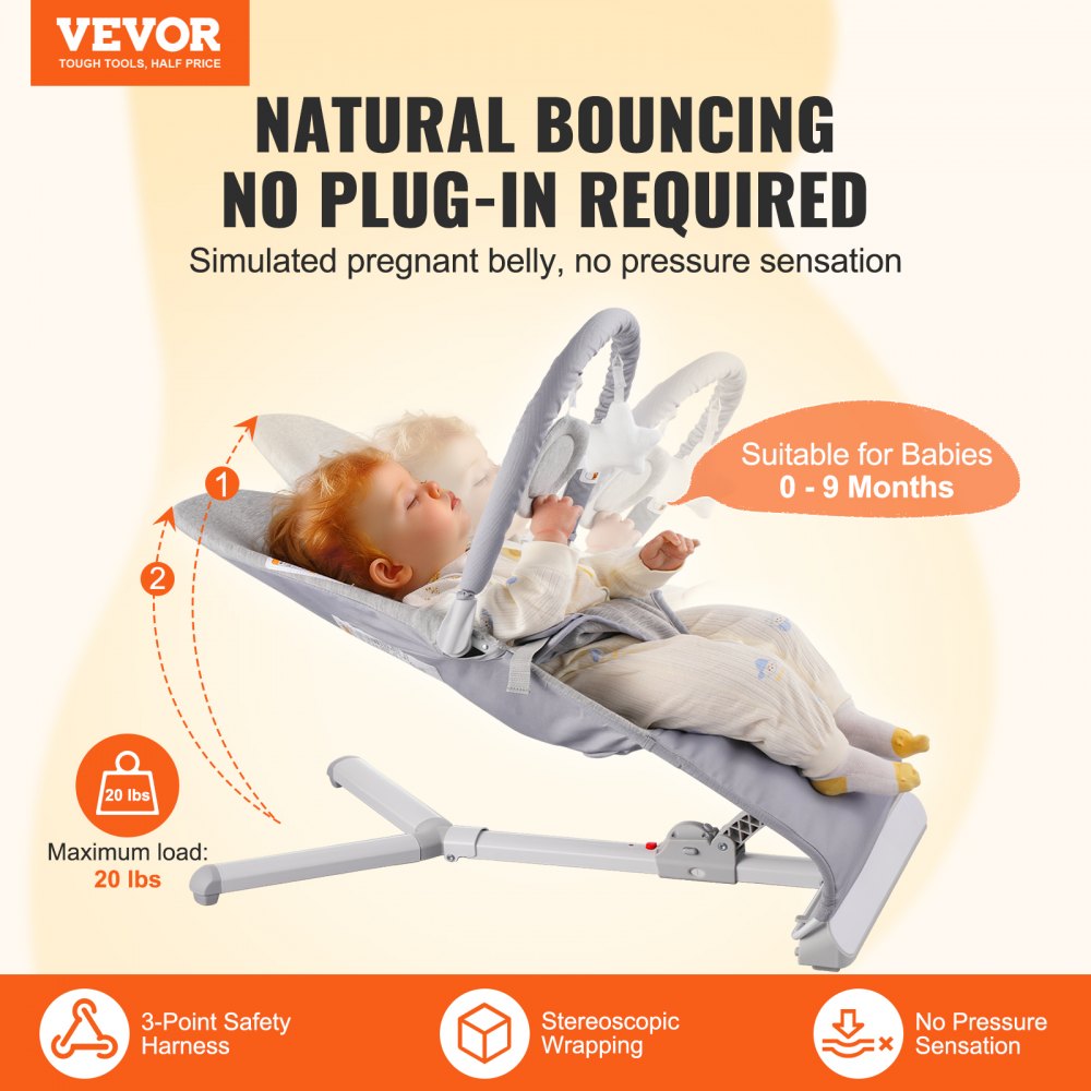 VEVOR Baby Bouncer, Folding Bouncer Seat for Babies 0-9 Months, Newborn Bouncer Chair with 2 Reclining Angles &