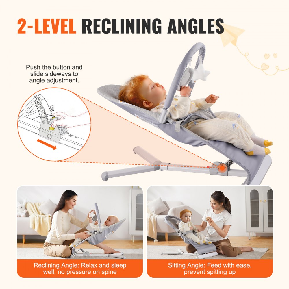 VEVOR Baby Bouncer, Folding Bouncer Seat for Babies 0-9 Months, Newborn Bouncer Chair with 2 Reclining Angles &