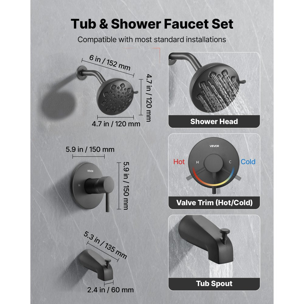 VEVOR Tub and Shower Faucet Set, Complete with 4.7-Inch Rainfall Shower Head and Bathtub Spout, 9-Setting Adjustable
