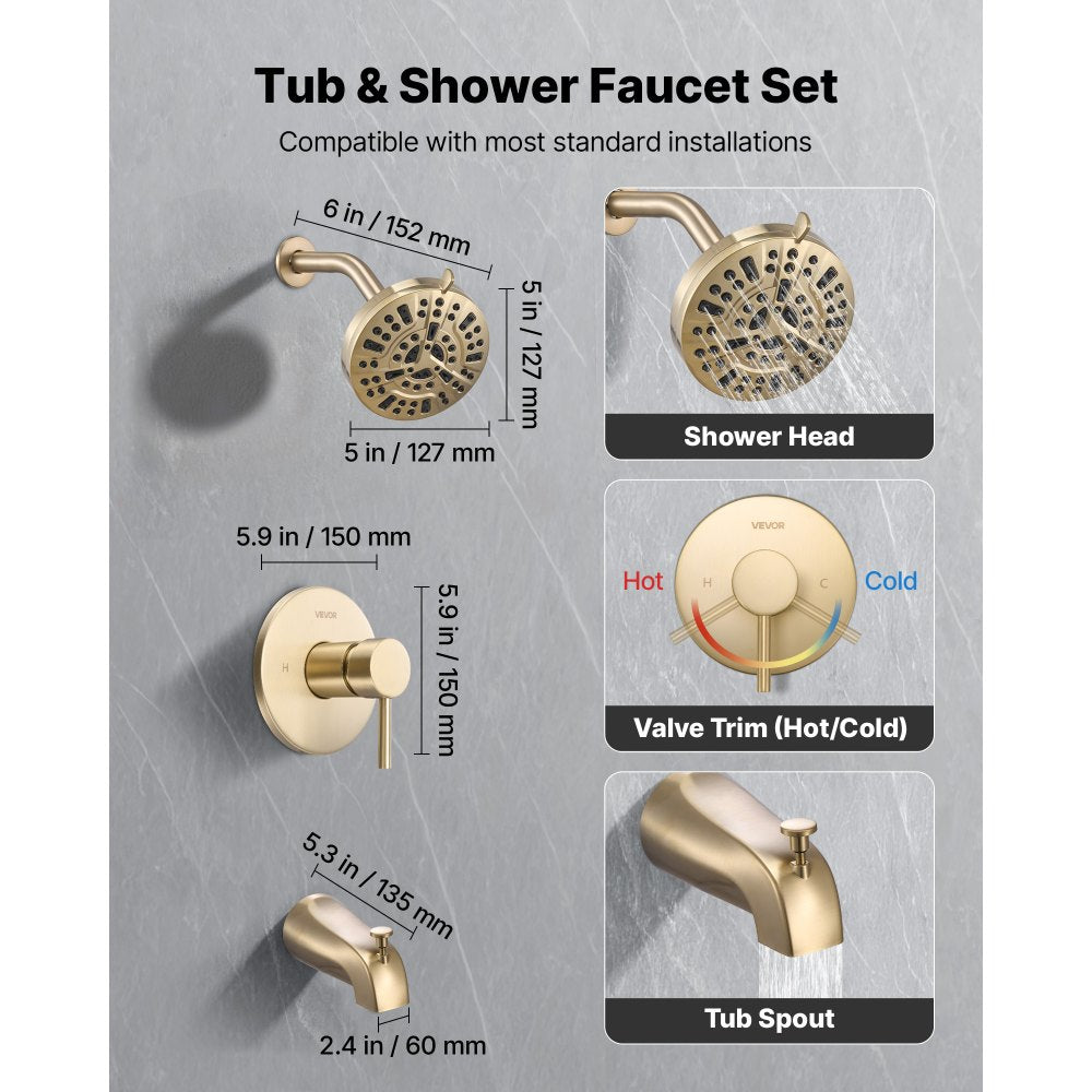 VEVOR Tub and Shower Faucet Set, Complete with 5-Inch Rainfall Shower Head and Bathtub Spout, 8-Setting Adjustable
