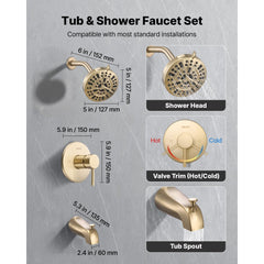 VEVOR Tub and Shower Faucet Set, Complete with 5-Inch Rainfall Shower Head and Bathtub Spout, 8-Setting Adjustable
