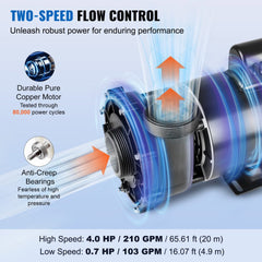 VEVOR 2 Speed SPA Pump, 56-Frame, AC 220-240V Hot Tub SPA Pump, 4HP/210GPM/65.61ft High Speed or 0.7HP/103GPM/16.07ft