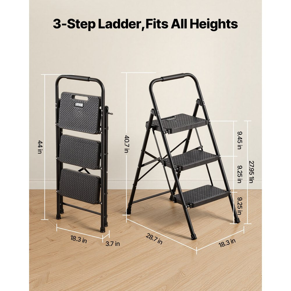 VEVOR 3 Step Ladder, Folding Step Stool with Wide Anti-Slip Pedal and Comfort Handgrip, Lightweight 600 lbs Capacity