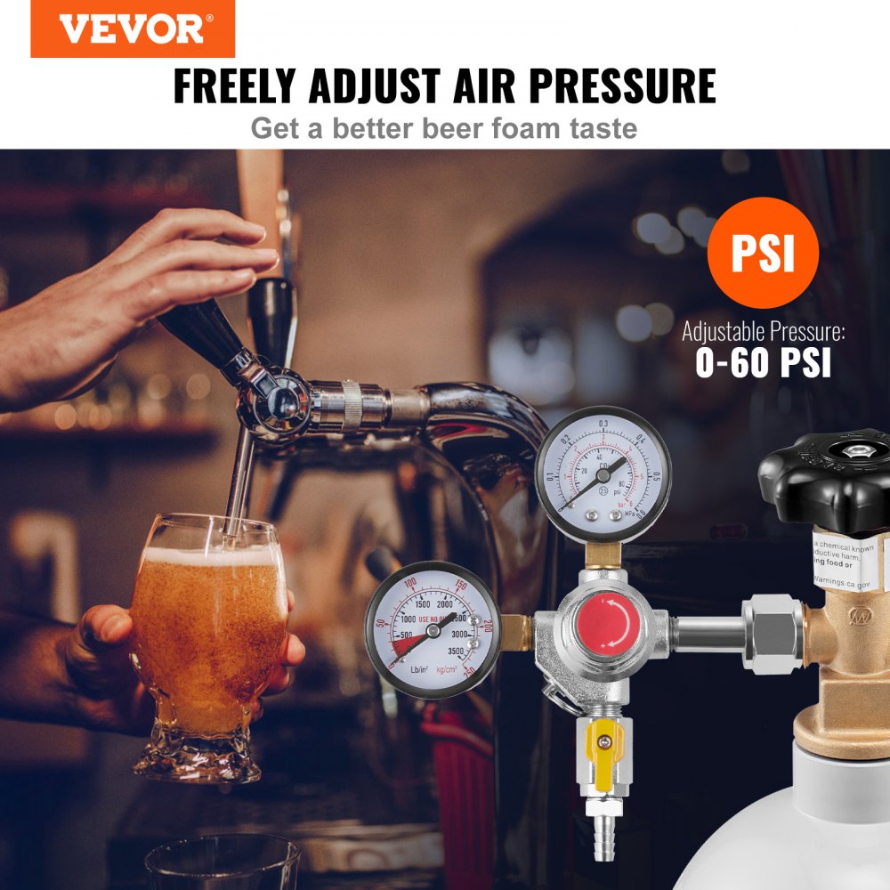 VEVOR Double Gauge Regulator, CO2 Regulator Gauge with 0-60PSI, Heavy Duty CO2 Gauge Gas System, Draft Beer Regulator