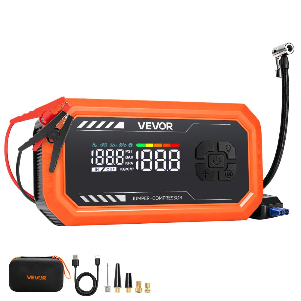 VEVOR Jump Starter with Air Compressor 3000A Peak Car Battery Jump Box, Portable for 9.0L Gas / 6.5L Diesel, 150 PSI