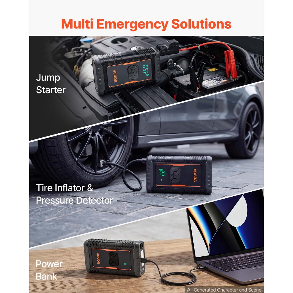 VEVOR Jump Starter with Air Compressor 1600A Peak Car Battery Jump Box, Portable for 6.0L Gas / 3.0L Diesel, 150 PSI