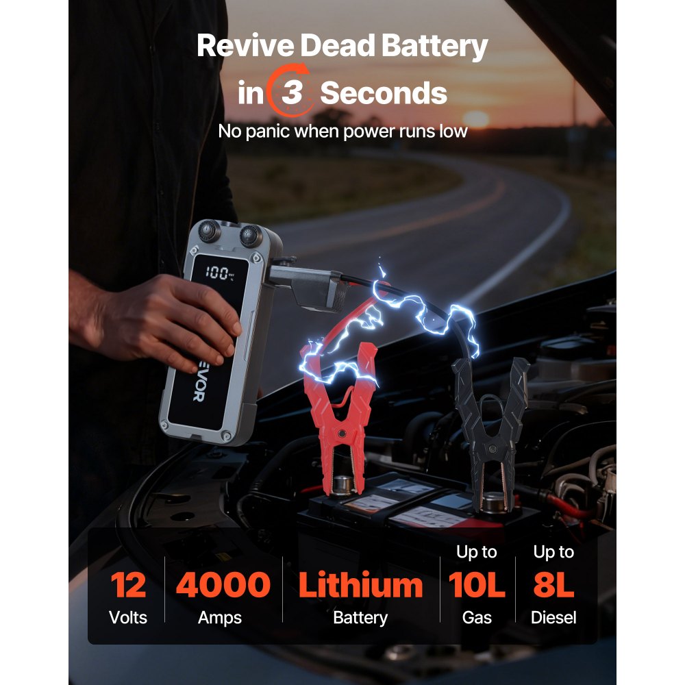 VEVOR Jump Starter, 4000A Peak, Car Jumper Starter Battery Pack, 12V Portable Lithium Battery Booster, Jump Box Power