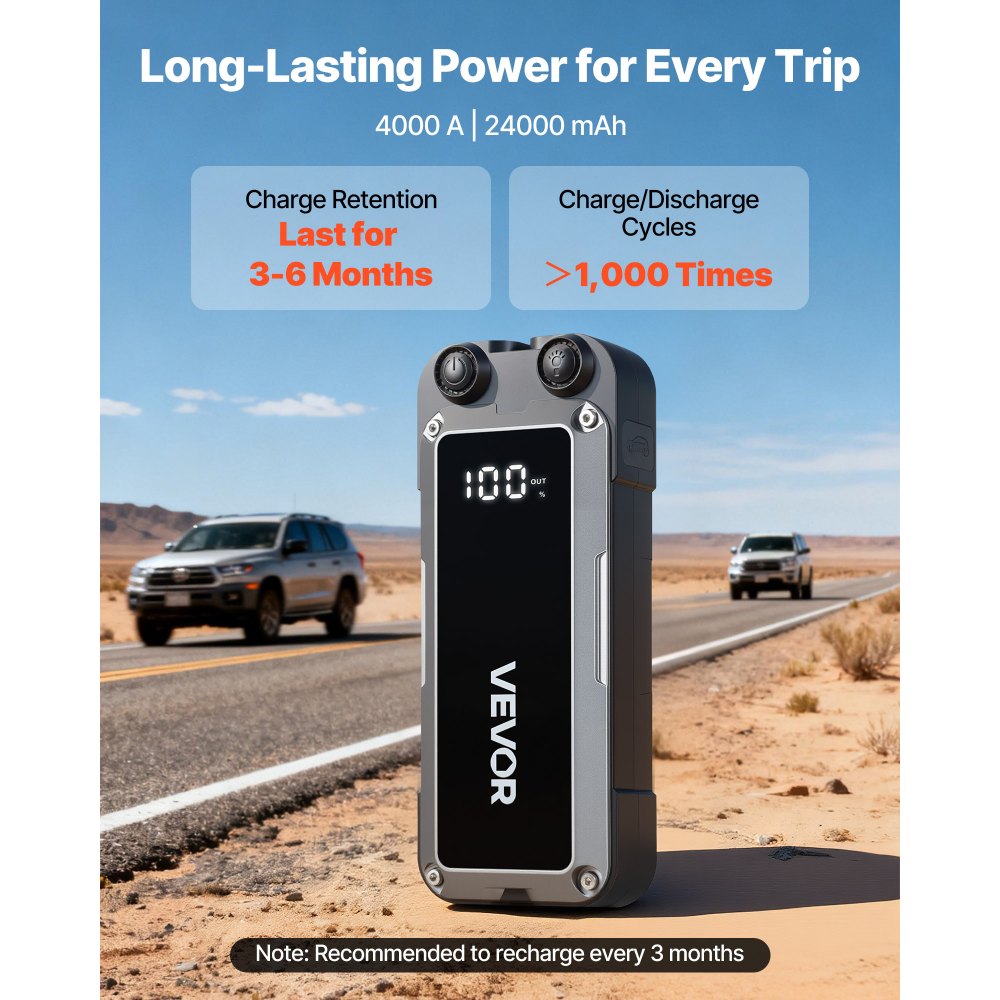 VEVOR Jump Starter, 4000A Peak, Car Jumper Starter Battery Pack, 12V Portable Lithium Battery Booster, Jump Box Power