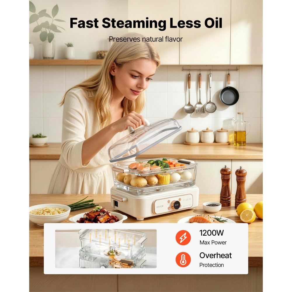 VEVOR Electric Food Steamer 6.3 QT Glass with 2-Tier Stainless Steel Trays, 1200W Vegetable Steamer for Cooking, 1-3