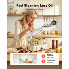 VEVOR Electric Food Steamer 6.3 QT Glass with 2-Tier Stainless Steel Trays, 1200W Vegetable Steamer for Cooking, 1-3