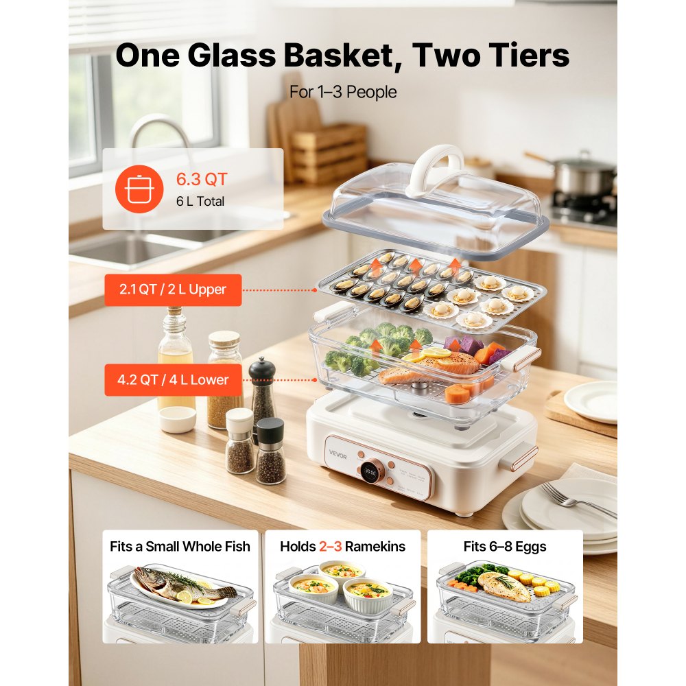 VEVOR Electric Food Steamer 6.3 QT Glass with 2-Tier Stainless Steel Trays, 1200W Vegetable Steamer for Cooking, 1-3