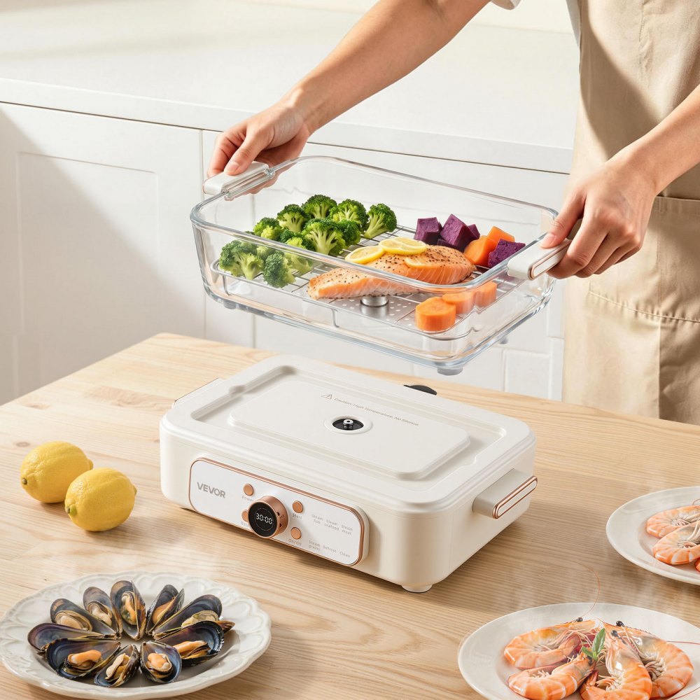 VEVOR Electric Food Steamer 6.3 QT Glass with 2-Tier Stainless Steel Trays, 1200W Vegetable Steamer for Cooking, 1-3