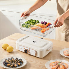 VEVOR Electric Food Steamer 6.3 QT Glass with 2-Tier Stainless Steel Trays, 1200W Vegetable Steamer for Cooking, 1-3