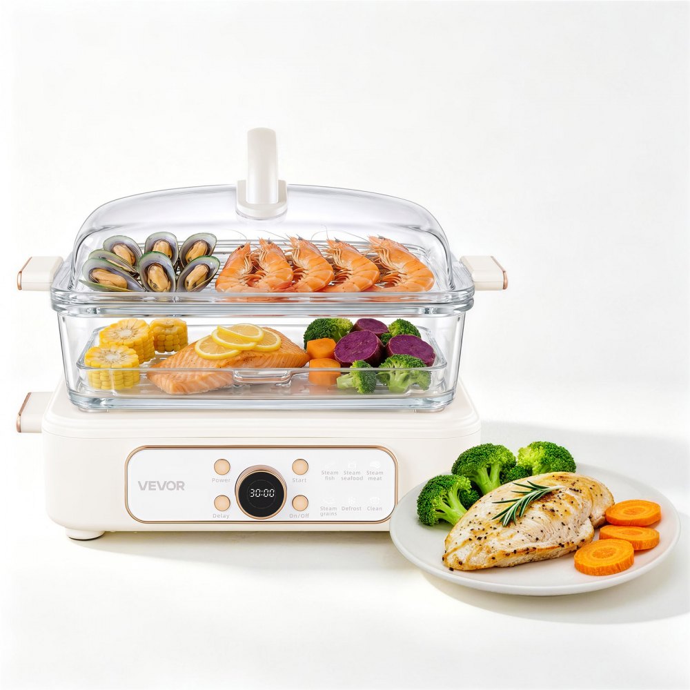 VEVOR Electric Food Steamer 6.3 QT Glass with 2-Tier Stainless Steel Trays, 1200W Vegetable Steamer for Cooking, 1-3
