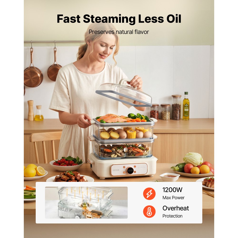 VEVOR Electric Food Steamer 10.6 QT Glass with 3-Tier Stainless Steel Trays, 1200W Vegetable Steamer for Cooking, 2-4