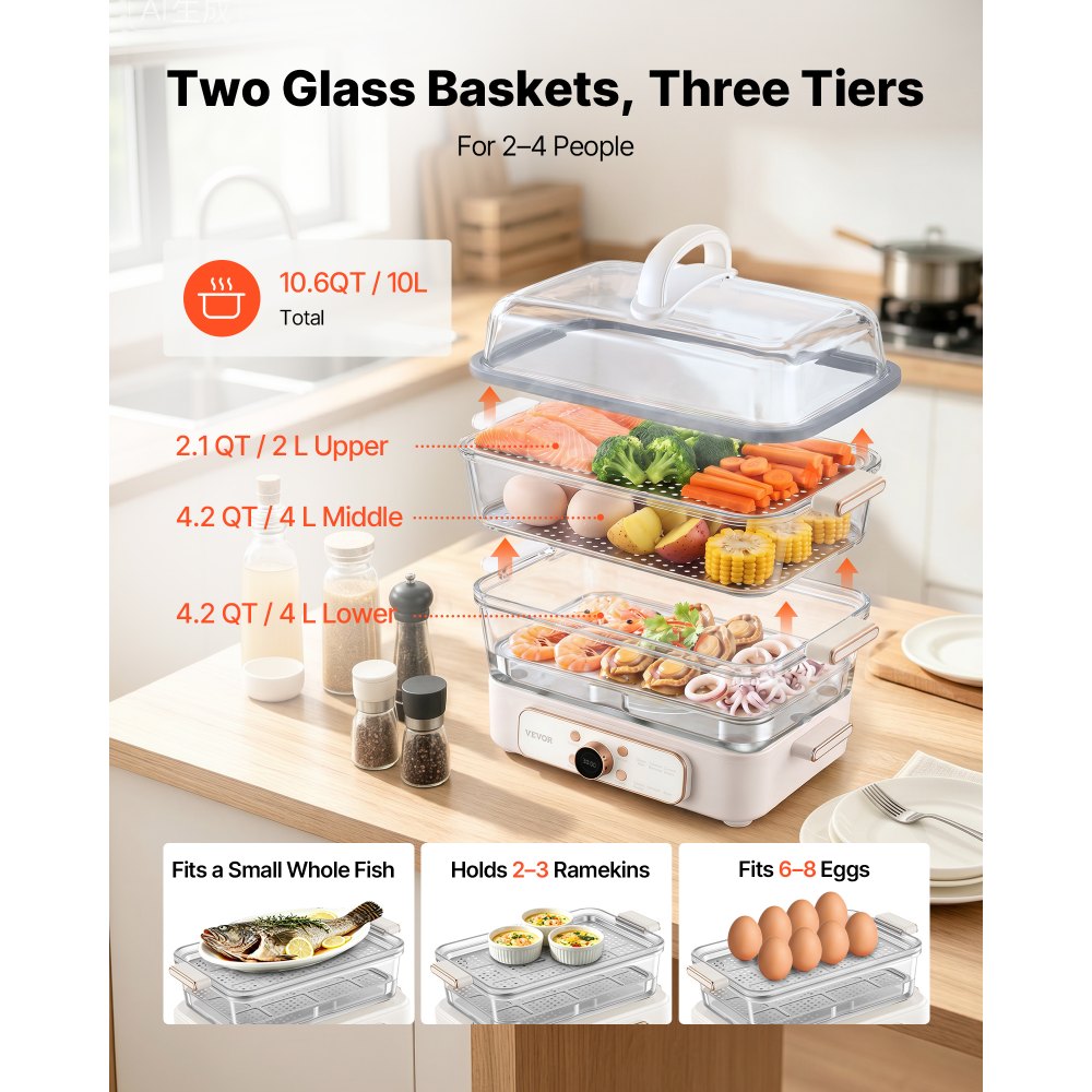 VEVOR Electric Food Steamer 10.6 QT Glass with 3-Tier Stainless Steel Trays, 1200W Vegetable Steamer for Cooking, 2-4