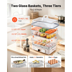 VEVOR Electric Food Steamer 10.6 QT Glass with 3-Tier Stainless Steel Trays, 1200W Vegetable Steamer for Cooking, 2-4
