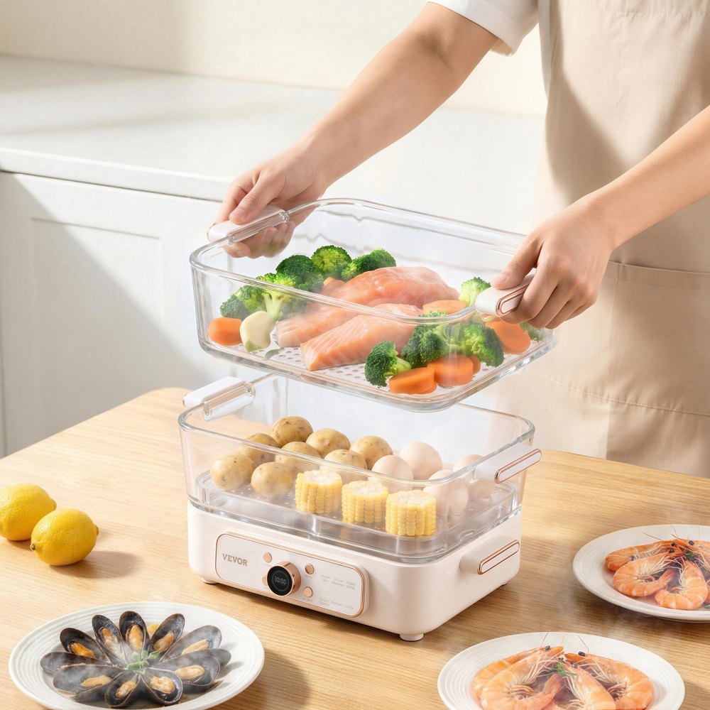 VEVOR Electric Food Steamer 10.6 QT Glass with 3-Tier Stainless Steel Trays, 1200W Vegetable Steamer for Cooking, 2-4