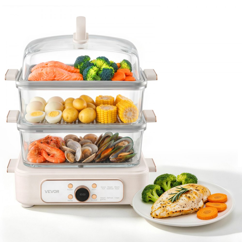 VEVOR Electric Food Steamer 10.6 QT Glass with 3-Tier Stainless Steel Trays, 1200W Vegetable Steamer for Cooking, 2-4