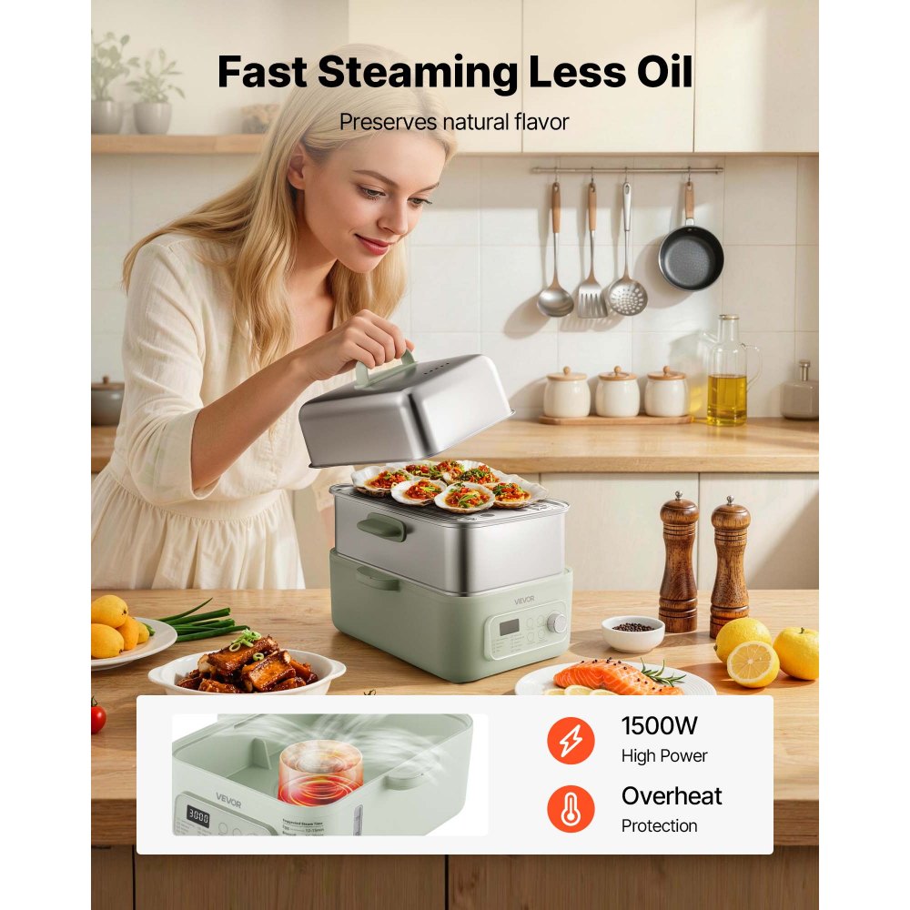 VEVOR Electric Food Steamer 13.7 QT 2-Tier Stainless Steel for 3-6 Servings, 1500W Vegetable & Meal Steamer for Cooking