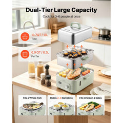 VEVOR Electric Food Steamer 13.7 QT 2-Tier Stainless Steel for 3-6 Servings, 1500W Vegetable & Meal Steamer for Cooking