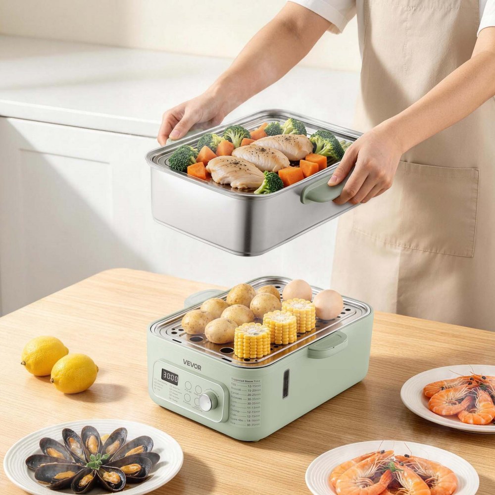 VEVOR Electric Food Steamer 13.7 QT 2-Tier Stainless Steel for 3-6 Servings, 1500W Vegetable & Meal Steamer for Cooking