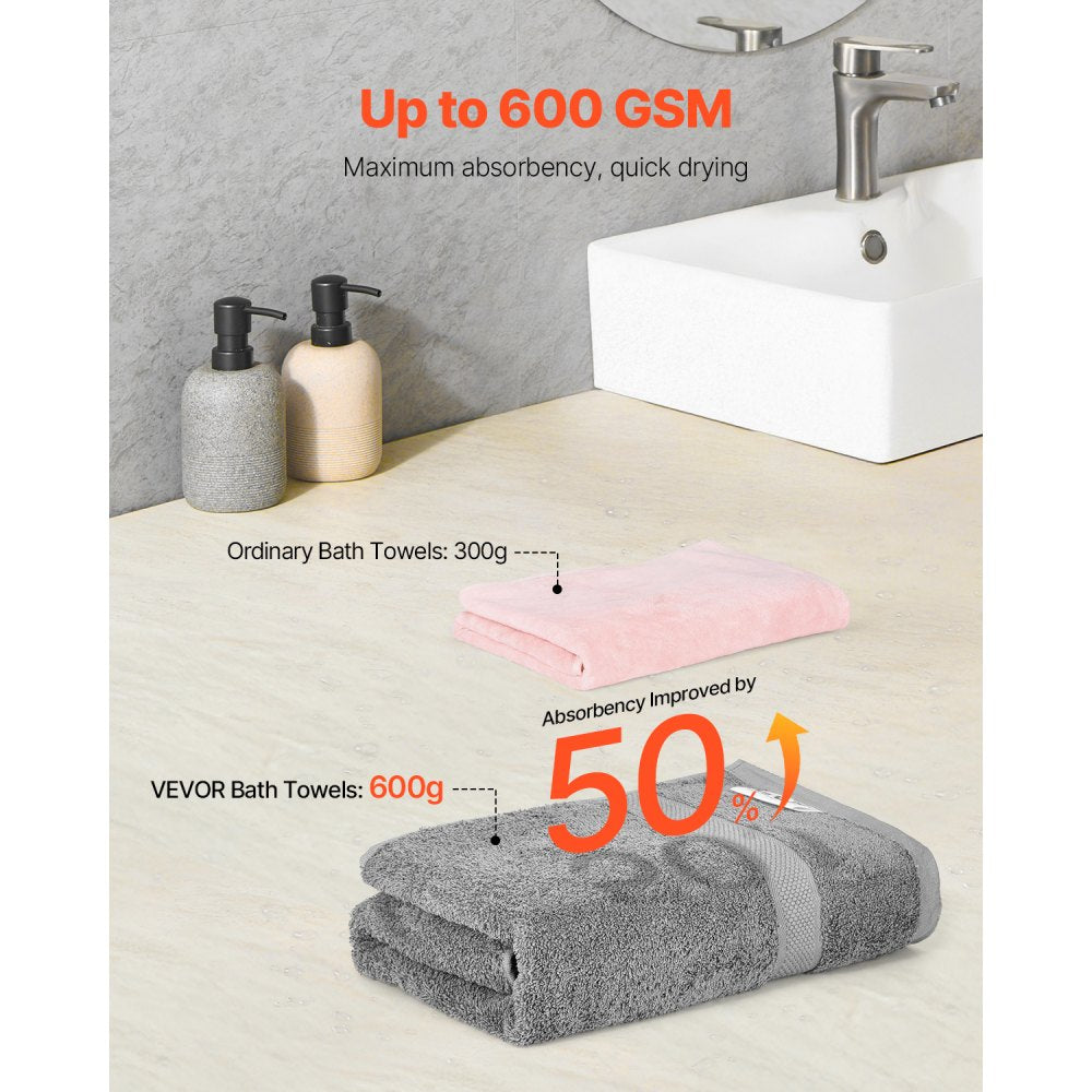 VEVOR 6-Piece Towel Set, 600 GSM 100% Cotton Towels for Bathroom, 2 Bath Towels, 2 Hand Towels and 2 Washcloths, Highly