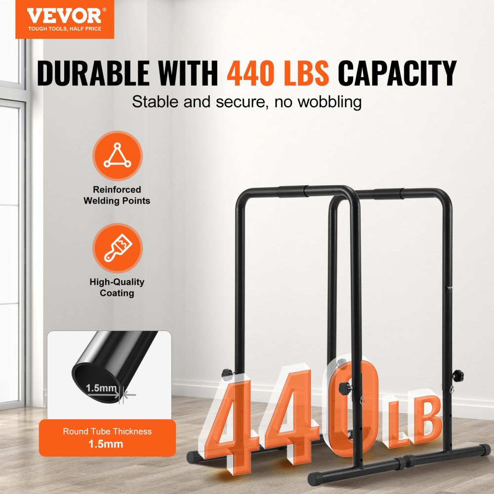 VEVOR Dip Bars, 440 lbs Capacity, Heave Duty Dip Stand Station with Adjustable Height, Fitness Workout Dip Bar Station