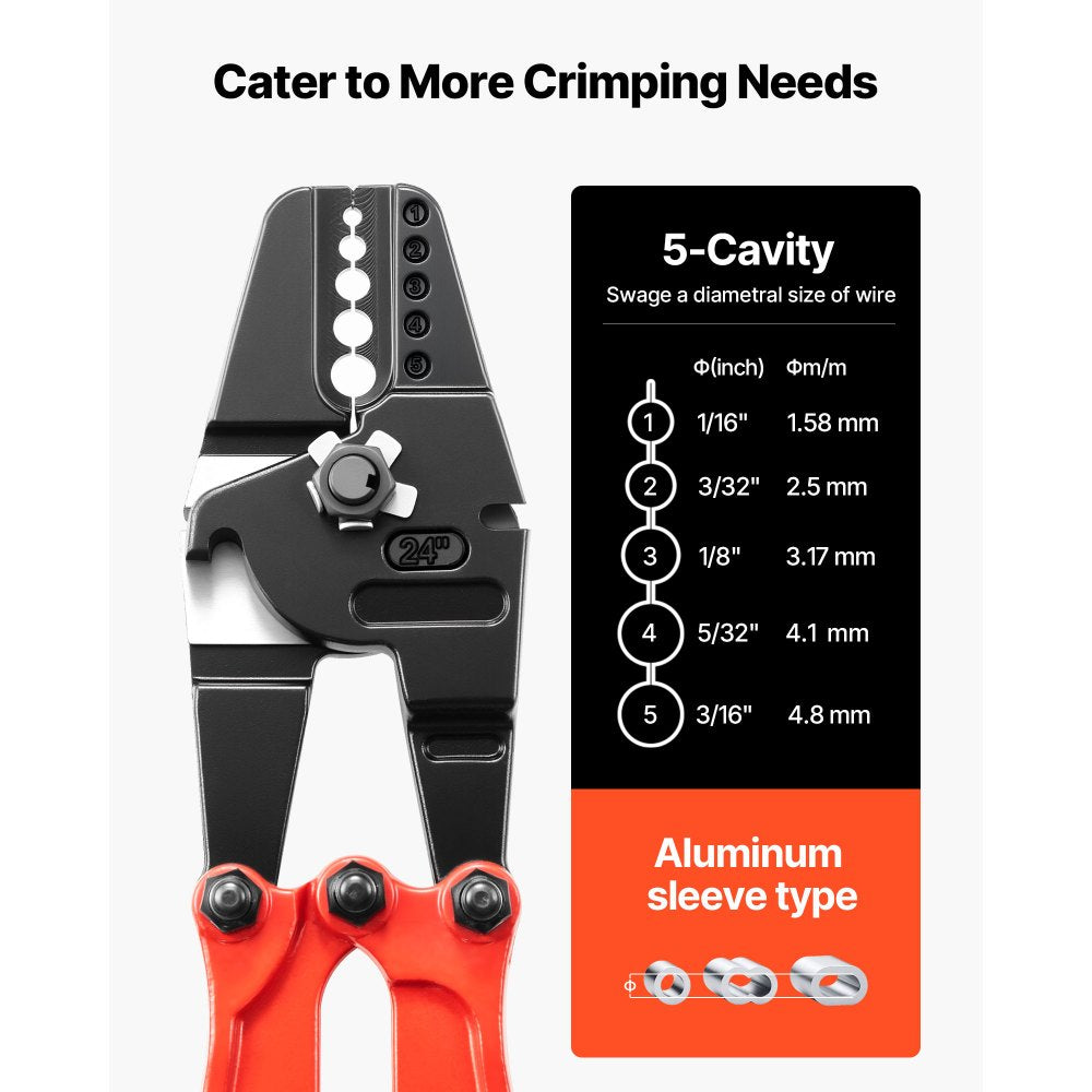 VEVOR 24" Hand Swager Cable Wire Rope Cutter Swage 1/16" 3/32" 1/8" 5/32" 3/16" Aluminum Sleeves Copper - 24inch