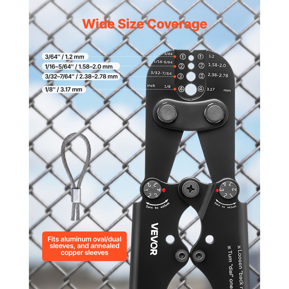 VEVOR Crimping Tool, 3/64" - 1/8" Steel Wire Rope Crimper, with Clear Metric and Imperial Markings, Adjustable Force