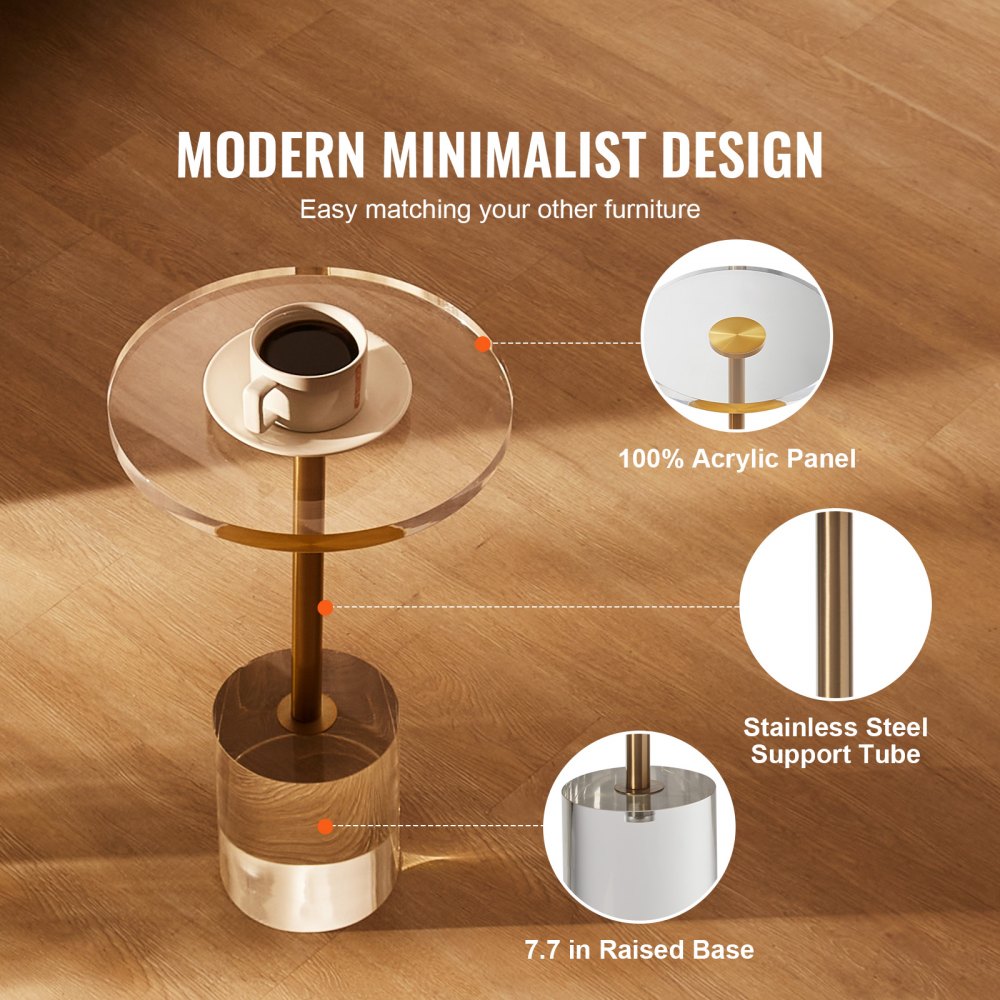 VEVOR Clear Acrylic End Table, Acrylic Side Table with a Solid Base, 11.9 x 11.9 inch Round Tabletop, 21.4 inch High