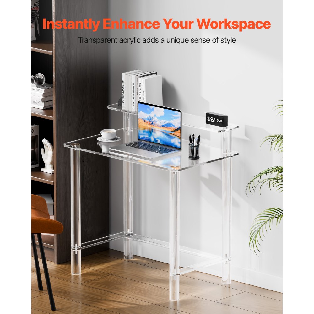 VEVOR Acrylic Table, 2 Tiers Clear Office Desk with Monitor Stand, Acrylic Study Computer Desk, Modern Side End Table
