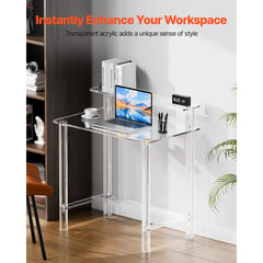 VEVOR Acrylic Table, 2 Tiers Clear Office Desk with Monitor Stand, Acrylic Study Computer Desk, Modern Side End Table