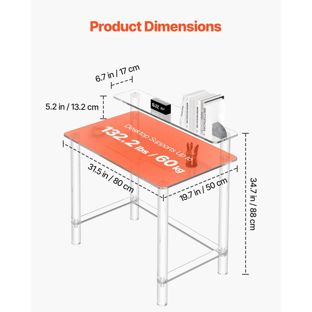VEVOR Acrylic Table, 2 Tiers Clear Office Desk with Monitor Stand, Acrylic Study Computer Desk, Modern Side End Table
