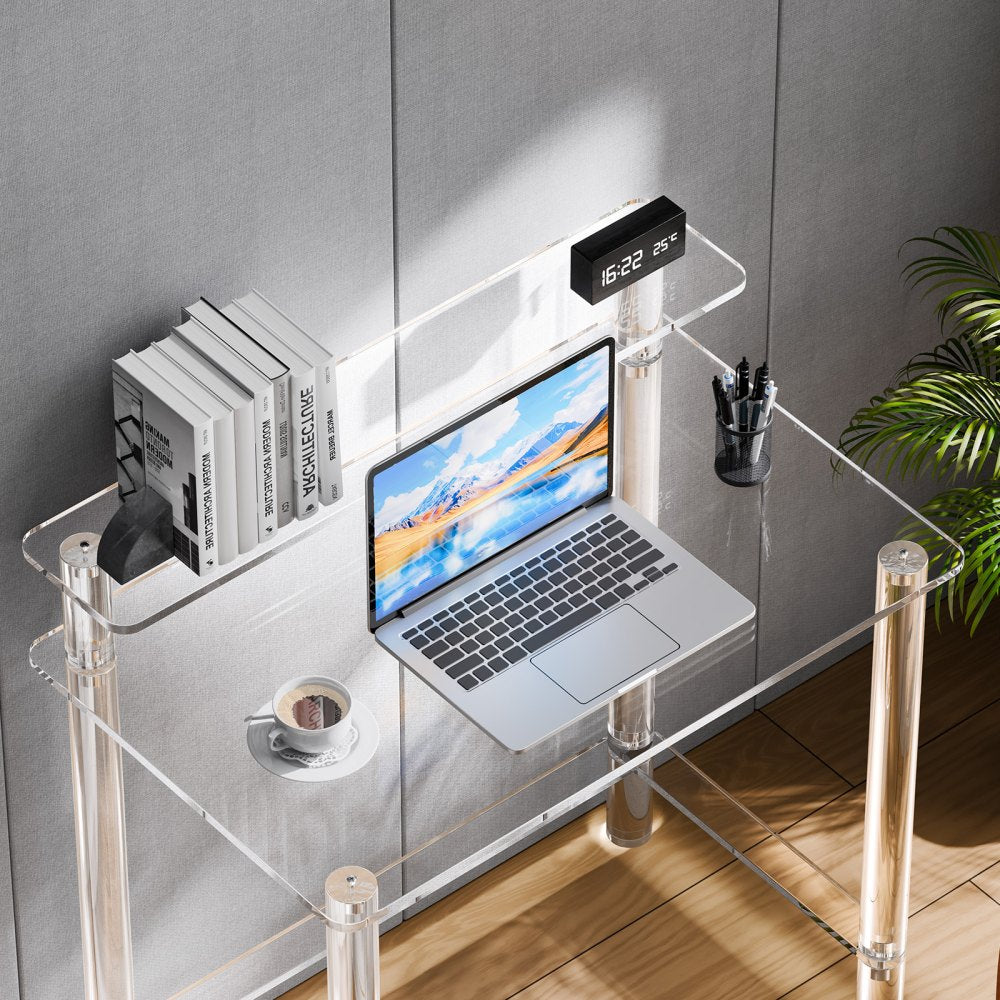 VEVOR Acrylic Table, 2 Tiers Clear Office Desk with Monitor Stand, Acrylic Study Computer Desk, Modern Side End Table