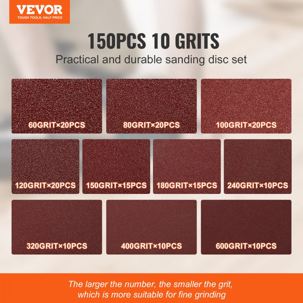 VEVOR 150 PCS 5 Inch Sanding Discs Set, 8-Hole Round Hook and Loop Sandpaper for Orbital Sander, 10 Grits include 60