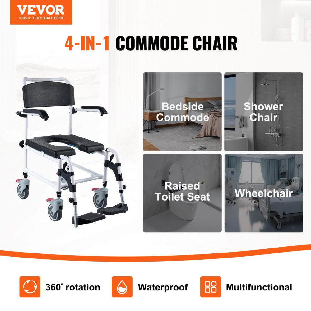 VEVOR Shower Commode Wheelchair with 4 Lockable Wheels, Footrests, Flip-up Arms, 3-Level Adjustable Height, 5L