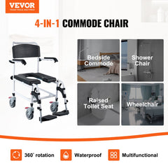 VEVOR Shower Commode Wheelchair with 4 Lockable Wheels, Footrests, Flip-up Arms, 3-Level Adjustable Height, 5L
