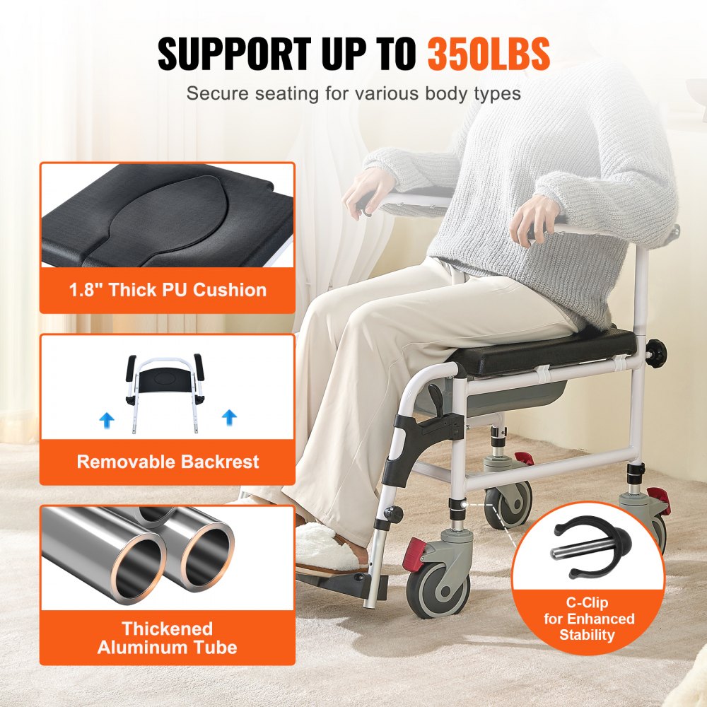 VEVOR Shower Commode Wheelchair with 4 Lockable Wheels, Footrests, Flip-up Arms, 3-Level Adjustable Height, 5L
