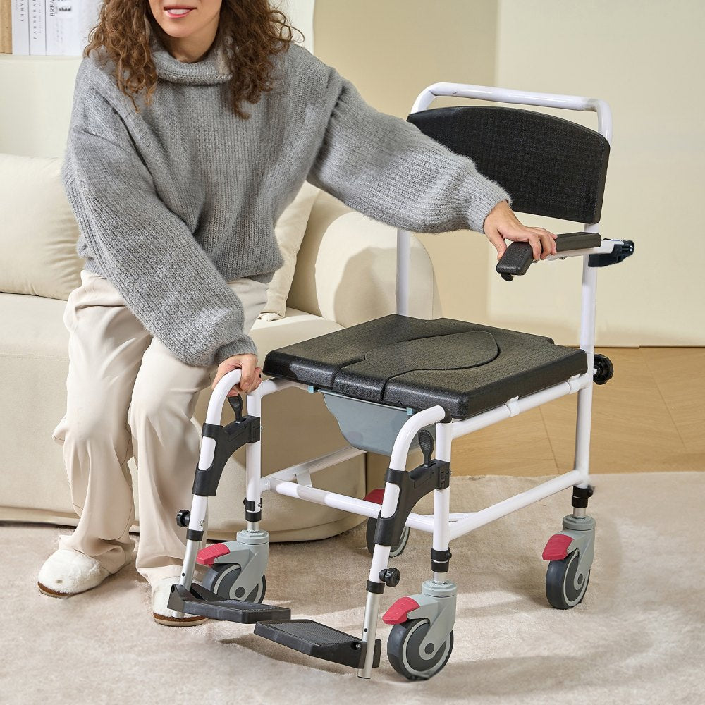 VEVOR Shower Commode Wheelchair with 4 Lockable Wheels, Footrests, Flip-up Arms, 3-Level Adjustable Height, 5L