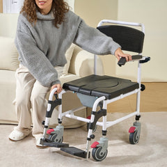 VEVOR Shower Commode Wheelchair with 4 Lockable Wheels, Footrests, Flip-up Arms, 3-Level Adjustable Height, 5L