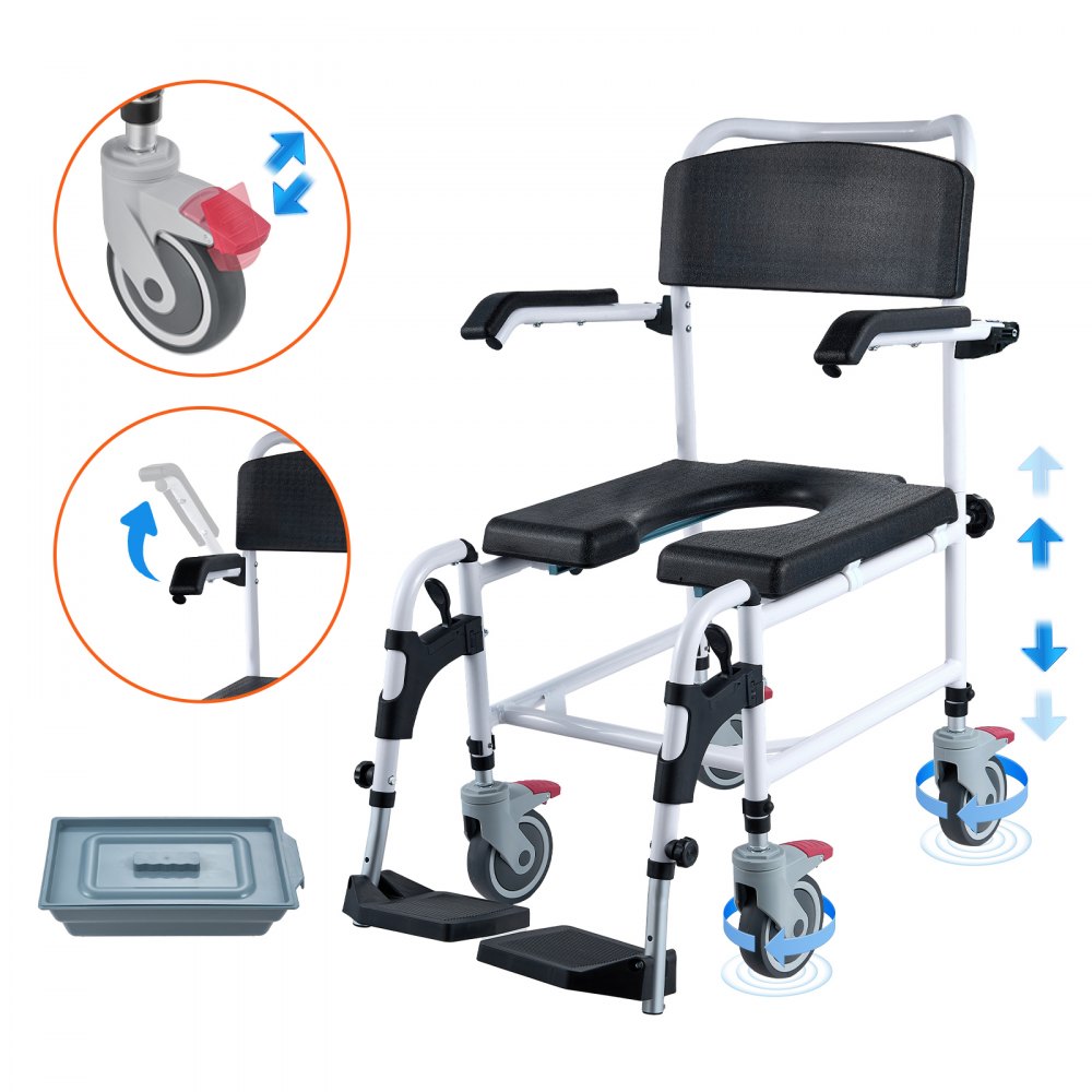 VEVOR Shower Commode Wheelchair with 4 Lockable Wheels, Footrests, Flip-up Arms, 3-Level Adjustable Height, 5L