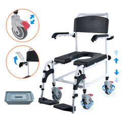 VEVOR Shower Commode Wheelchair with 4 Lockable Wheels, Footrests, Flip-up Arms, 3-Level Adjustable Height, 5L