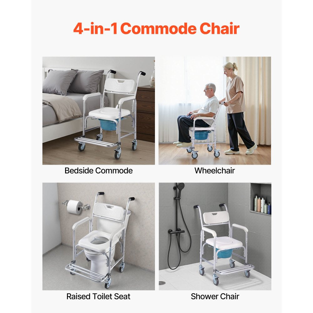 VEVOR Bedside Commode Chair with Wheels, 350 lbs Capacity, 4-in-1 Portable Toilet and Raised Toilet Seat with Padded
