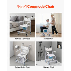 VEVOR Bedside Commode Chair with Wheels, 350 lbs Capacity, 4-in-1 Portable Toilet and Raised Toilet Seat with Padded