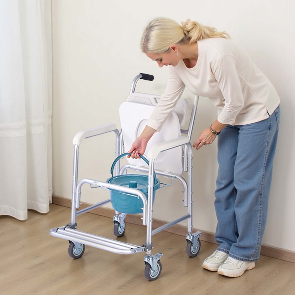 VEVOR Bedside Commode Chair with Wheels, 350 lbs Capacity, 4-in-1 Portable Toilet and Raised Toilet Seat with Padded