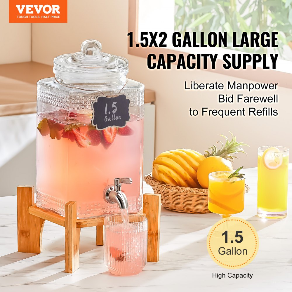 VEVOR Beverage Dispenser, 1.5 Gallon Drink Dispensers for Parties, 2PC,Glass Juice Dispenser with Stand, Stainless