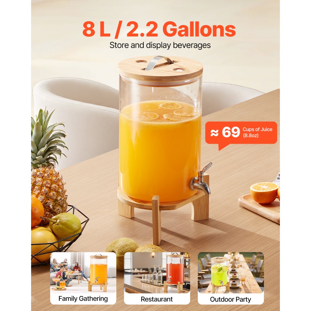 VEVOR Beverage Dispenser, 2.2 Gallon Drink Dispensers for Parties, Glass Juice Dispenser with Wood Stand, Stainless