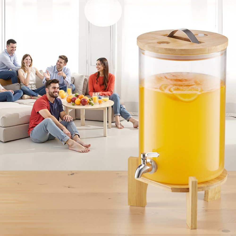VEVOR Beverage Dispenser, 2.2 Gallon Drink Dispensers for Parties, Glass Juice Dispenser with Wood Stand, Stainless