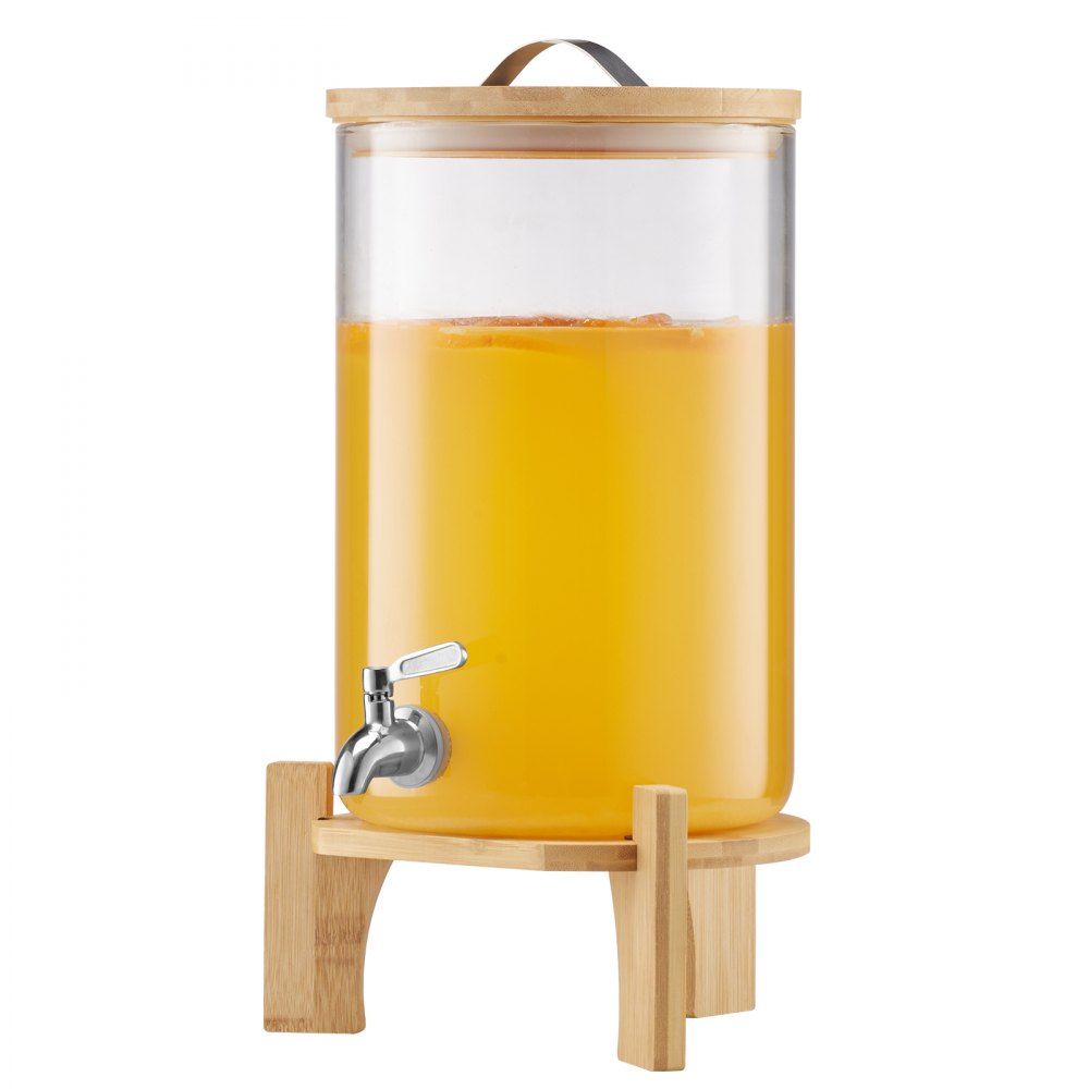 VEVOR Beverage Dispenser, 2.2 Gallon Drink Dispensers for Parties, Glass Juice Dispenser with Wood Stand, Stainless